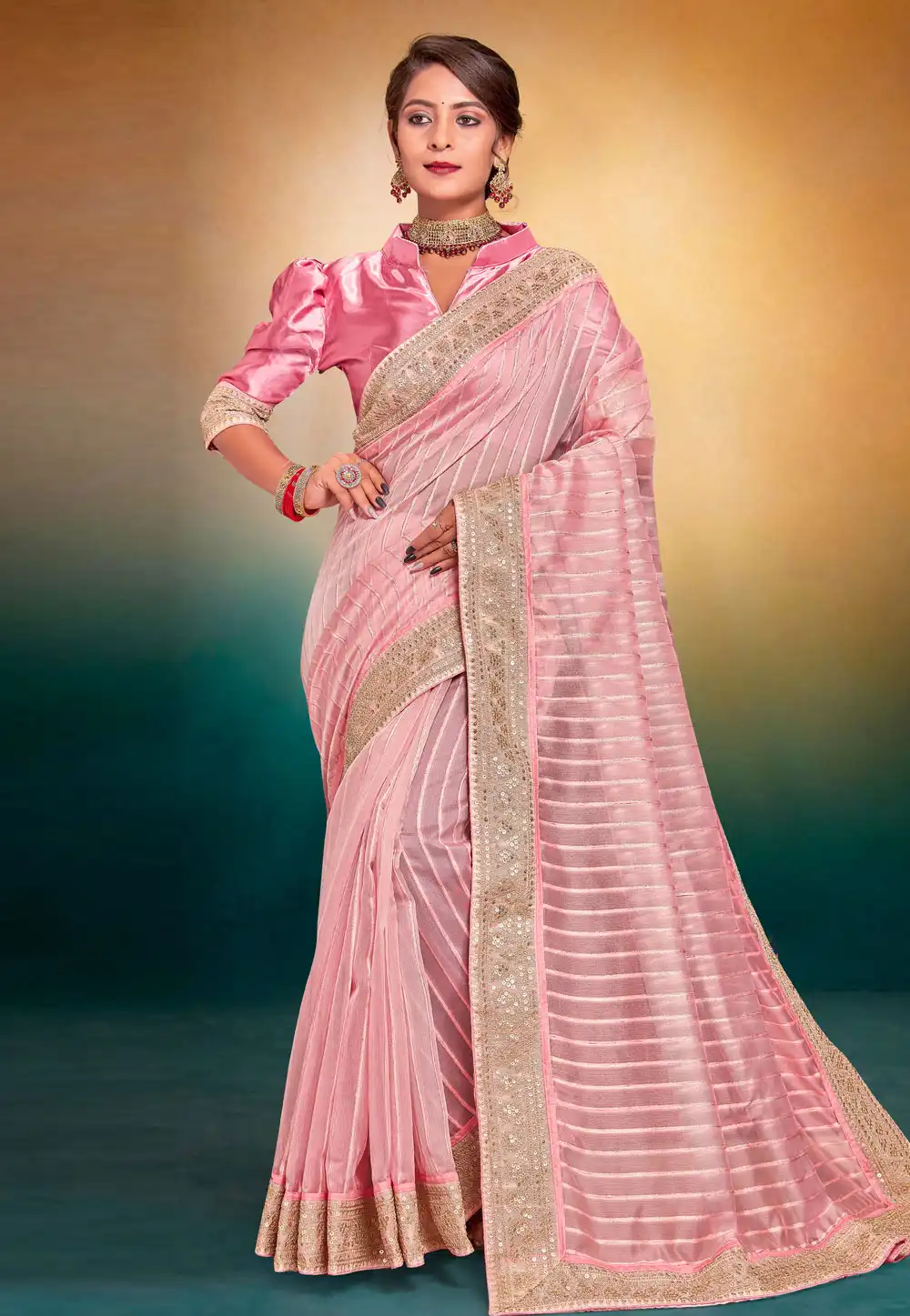 Pink Tissue Saree With Blouse 274799