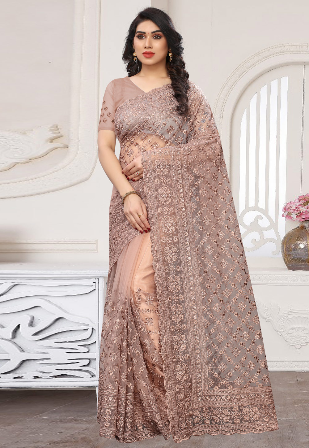 Peach Net Festival Wear Saree 211209