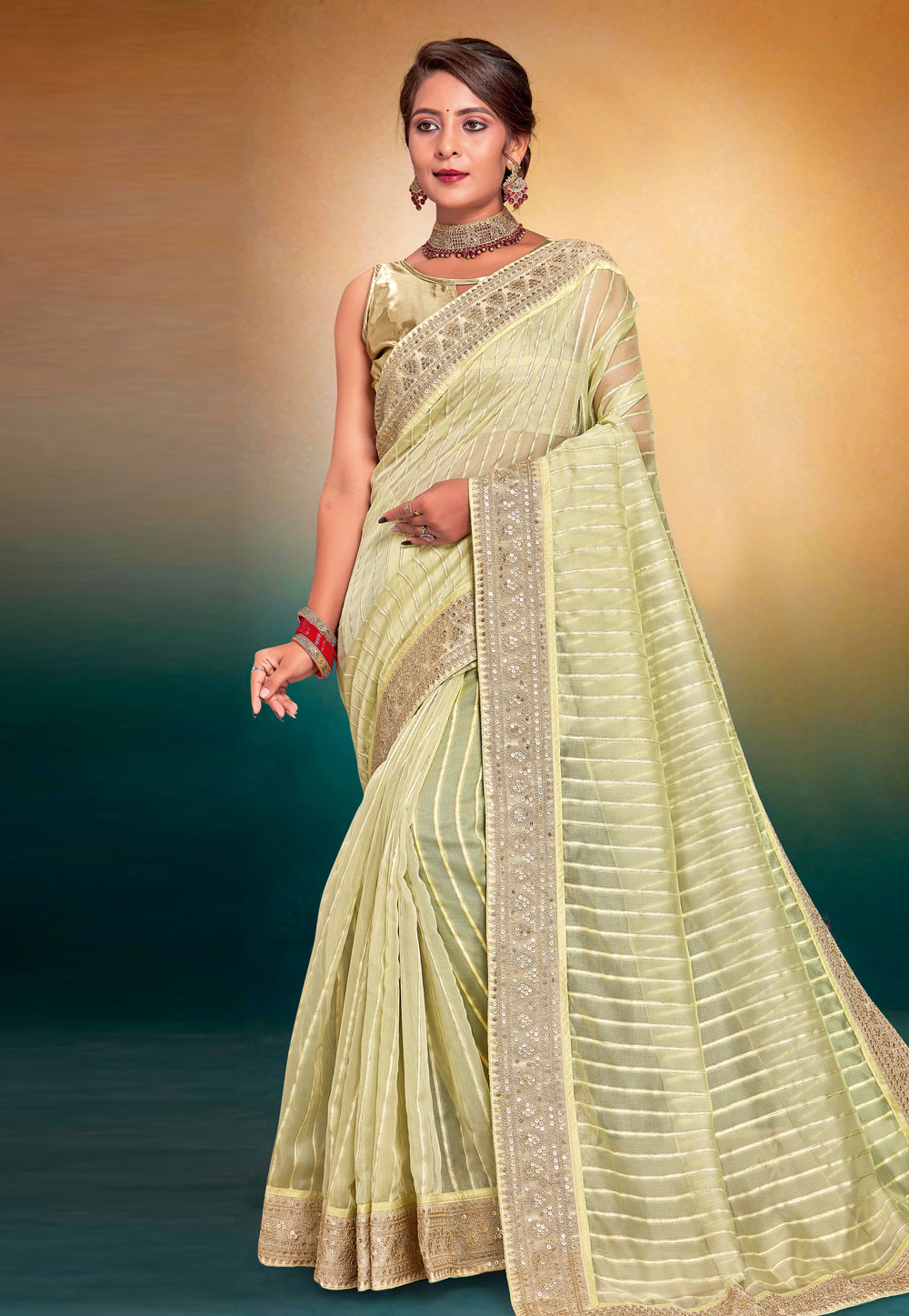 Pista Green Tissue Saree With Blouse 274801