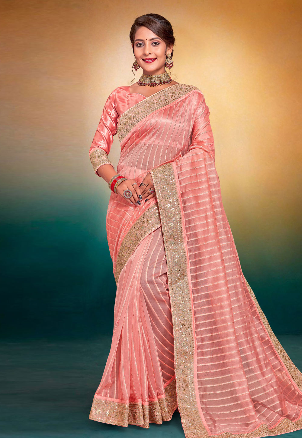 Peach Tissue Saree With Blouse 274802
