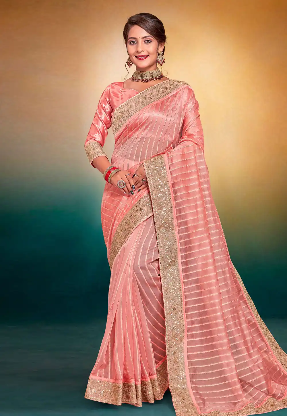 Peach Tissue Saree With Blouse 274802