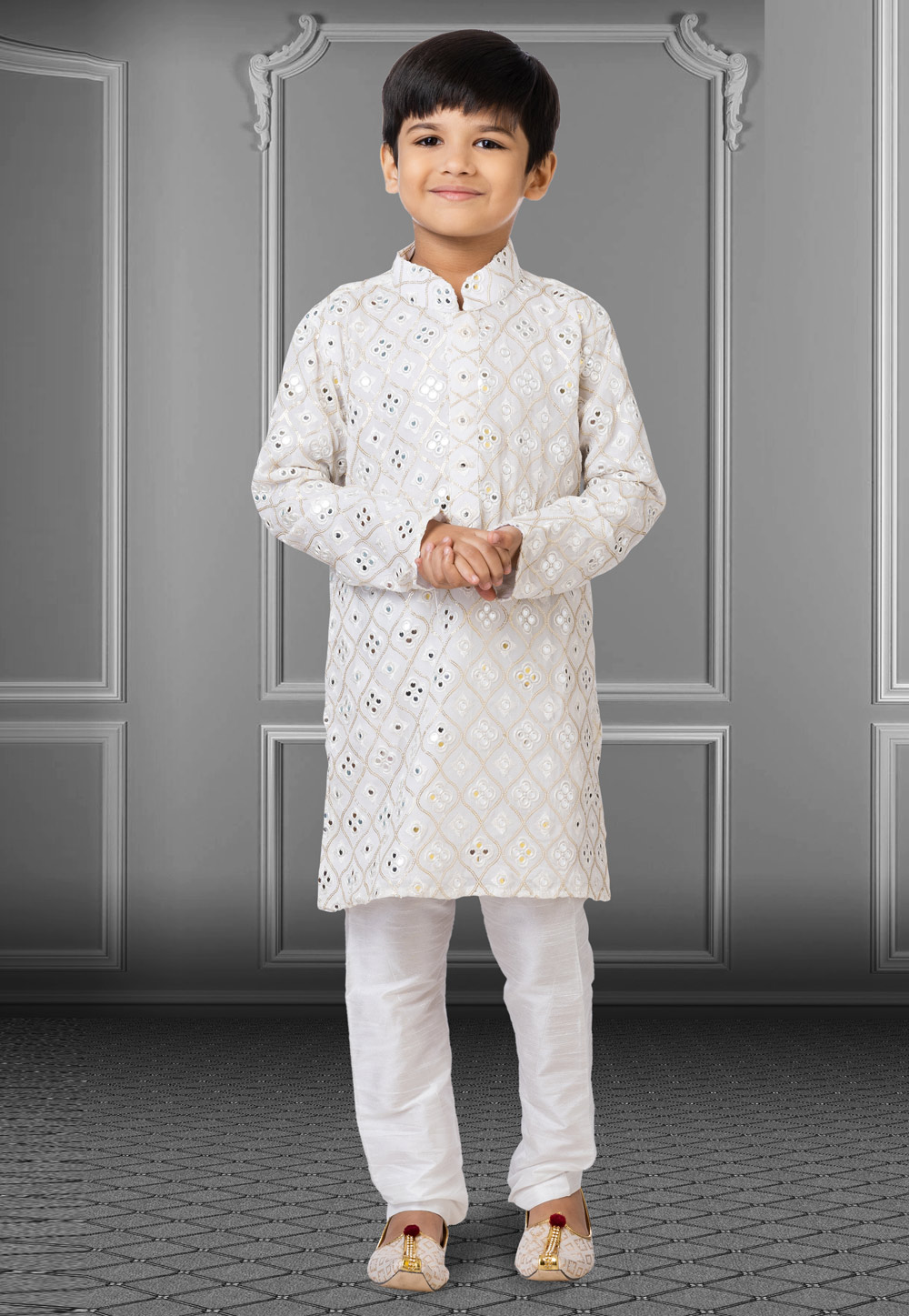 Off White Georgette Readymade Kids Kurta Pajama 250719