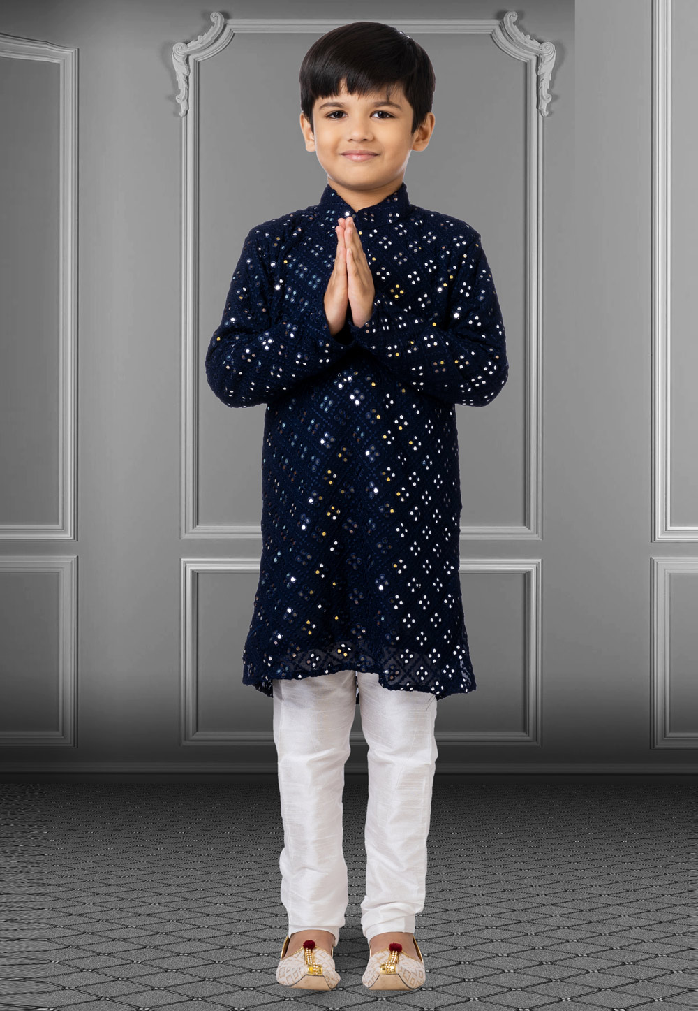 Navy Blue Georgette Readymade Kids Kurta Pajama 250720