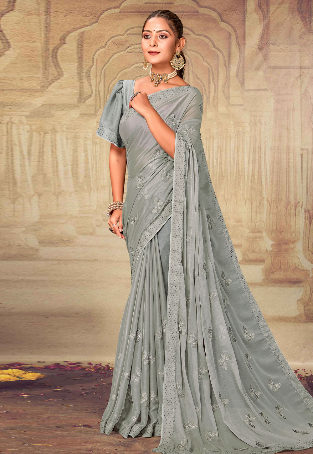 Grey Soft Silk Saree With Blouse 275196