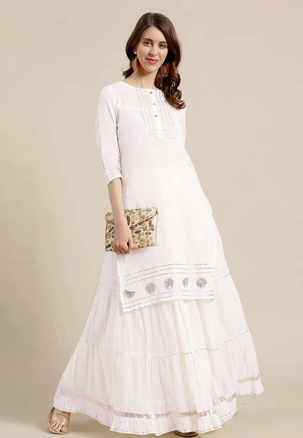 Off White Rayon Kurta Set With Skirt 252912