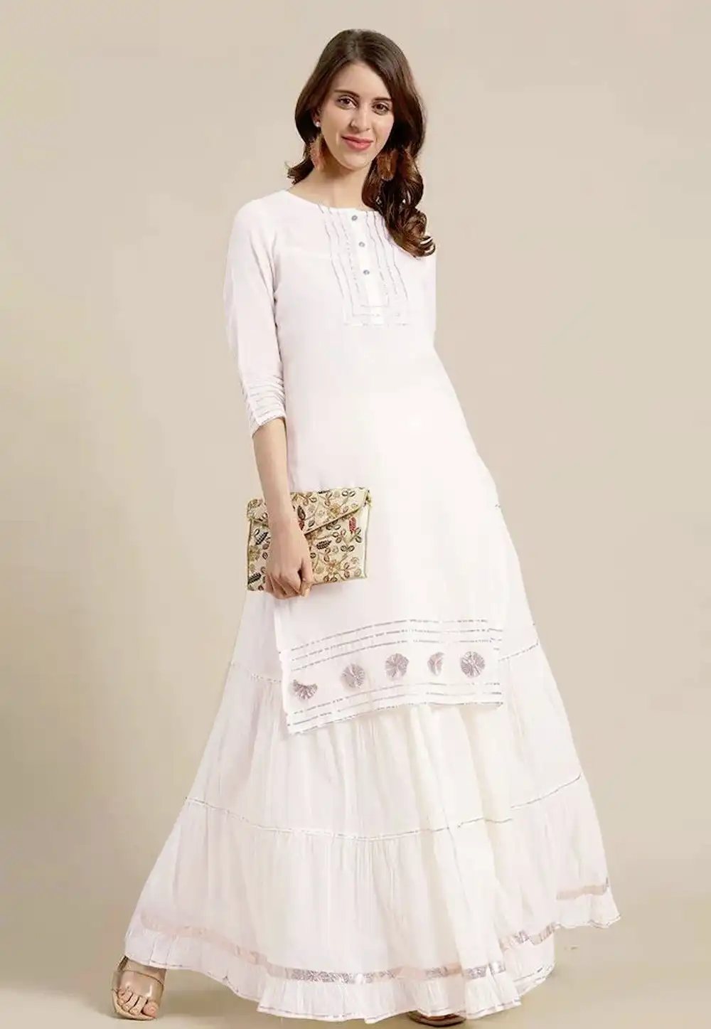 Off White Rayon Kurta Set With Skirt 252912