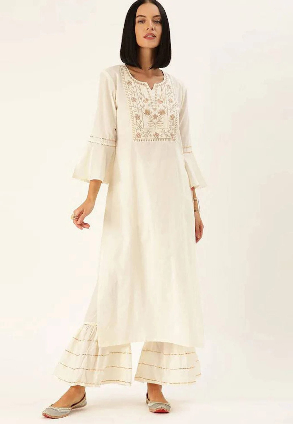 Off White Rayon Kurta Set With Sharara 252914