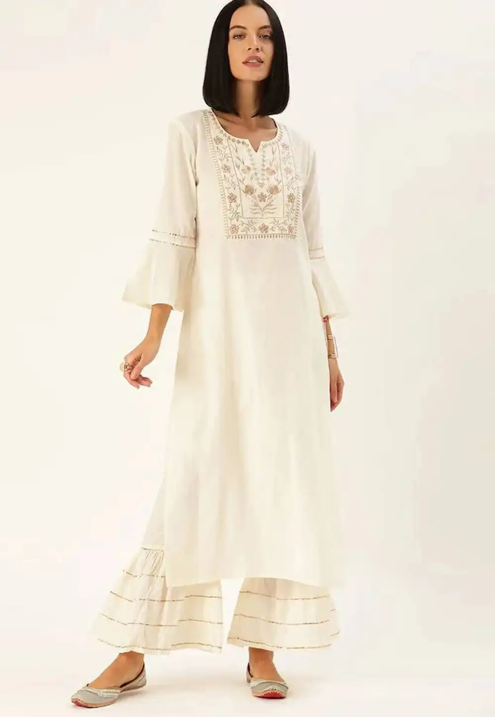 Off White Rayon Kurta Set With Sharara 252914