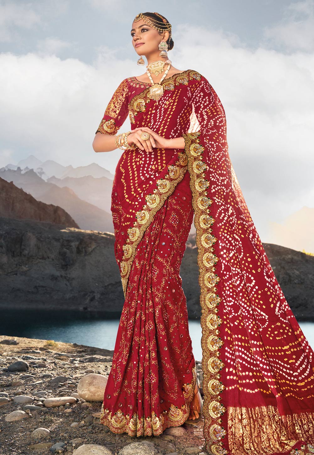 Maroon Satin Bandhani Print Saree 275696