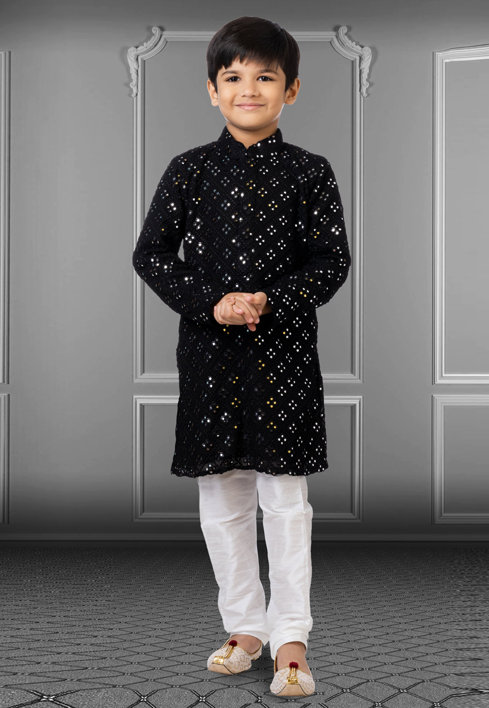 Black Georgette Readymade Kids Kurta Pajama 250721