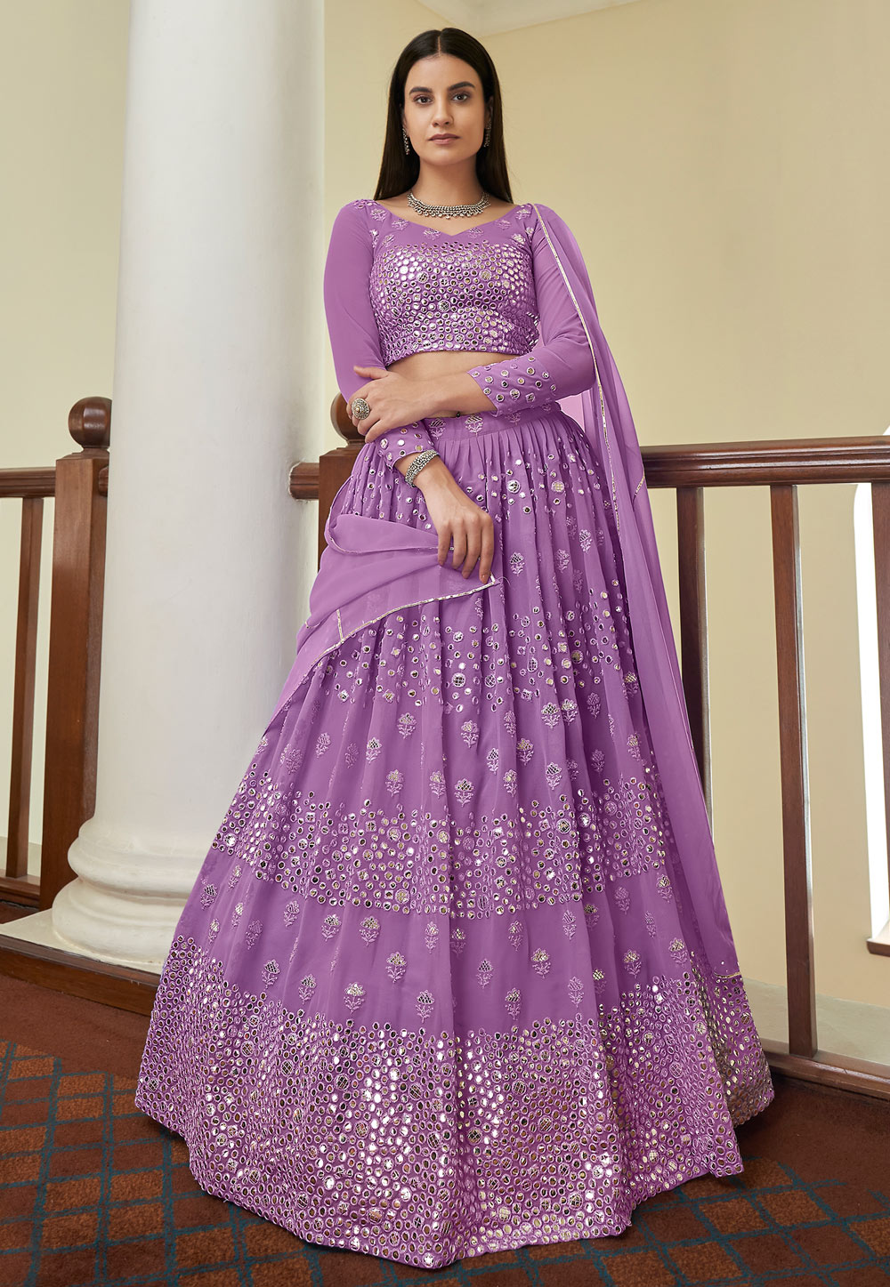 Purple Georgette Mirror Work Lehenga Choli 231476