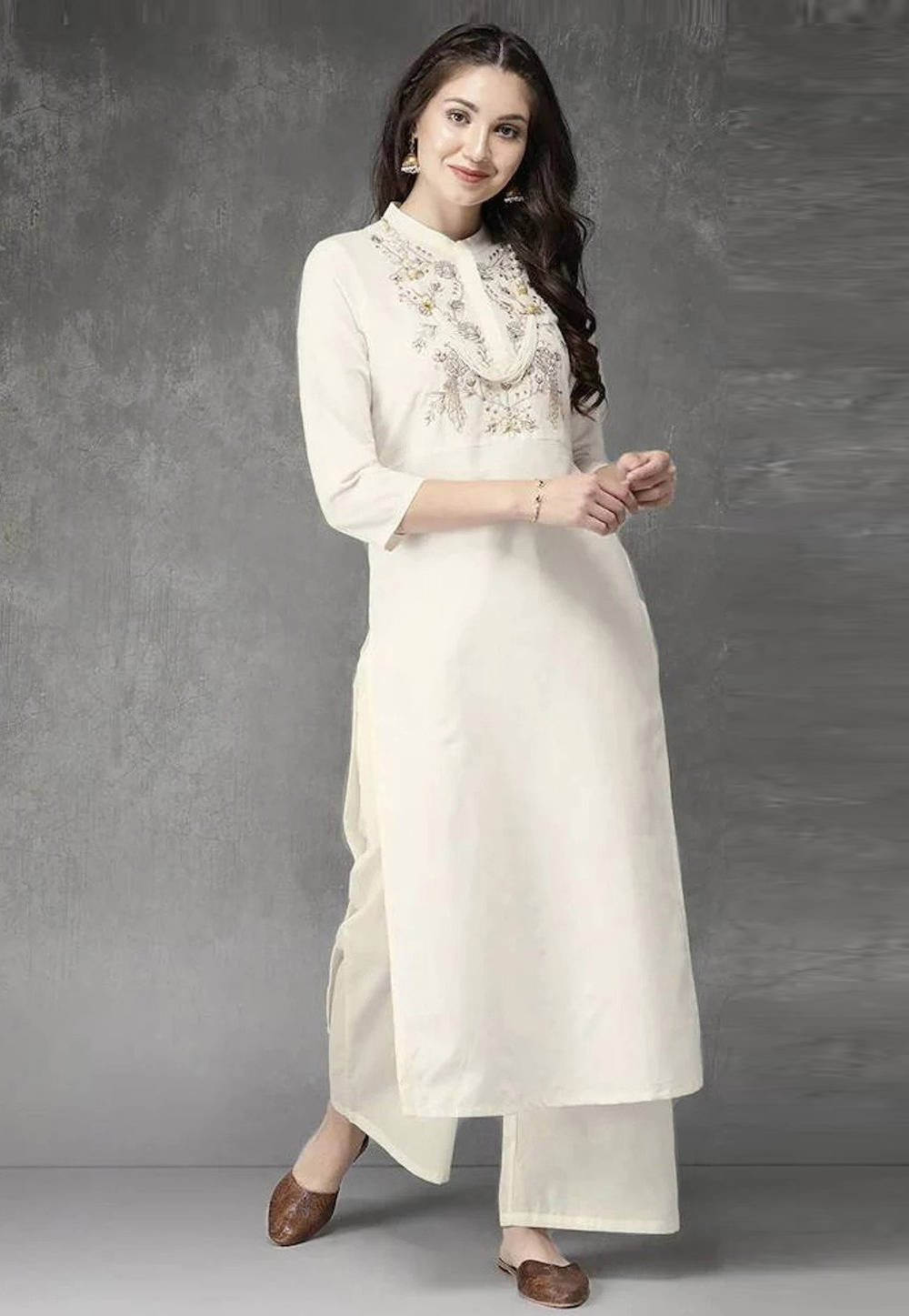 Off White Rayon Kurta Set With Palazzo 252916