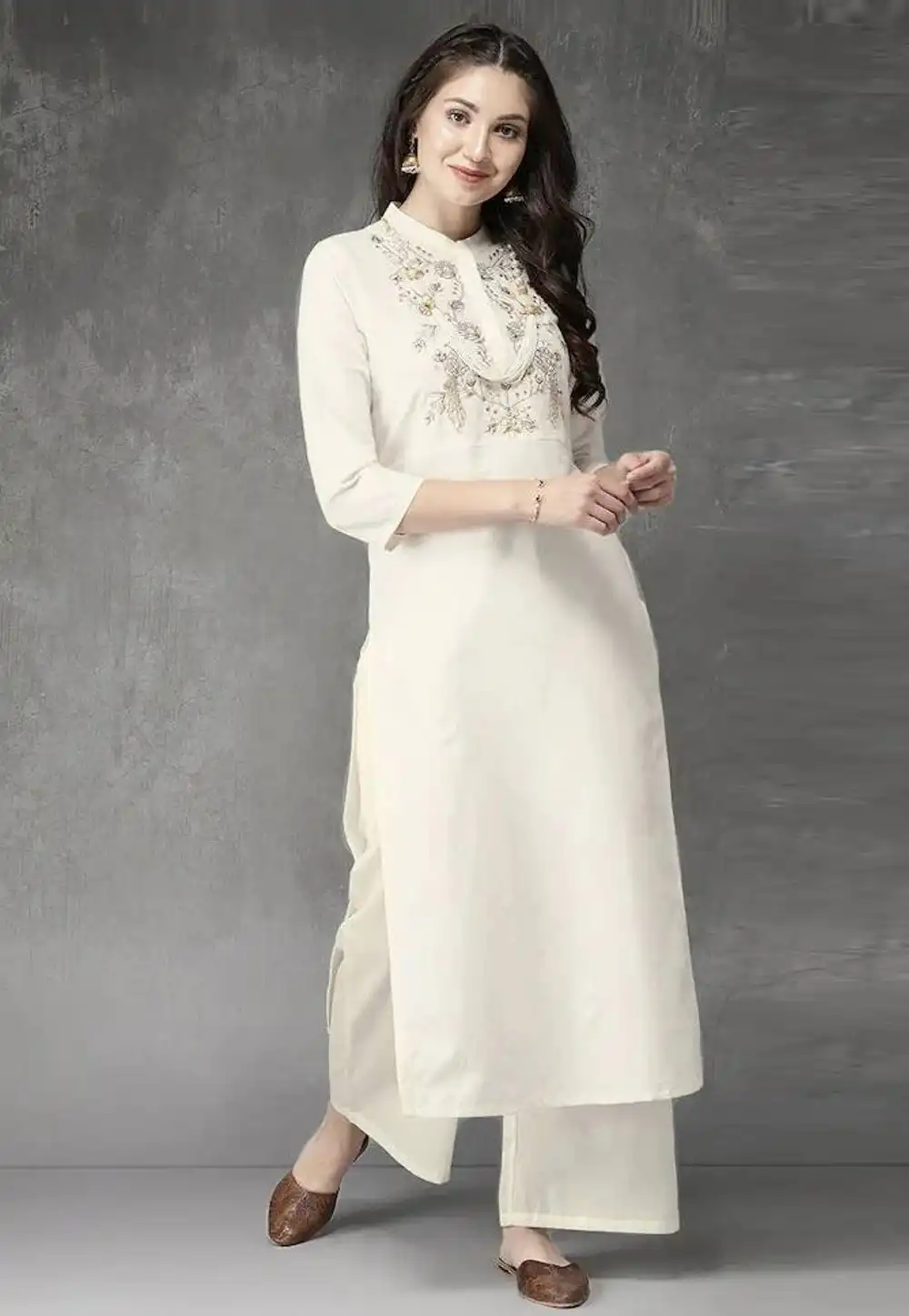 Off White Rayon Kurta Set With Palazzo 252916
