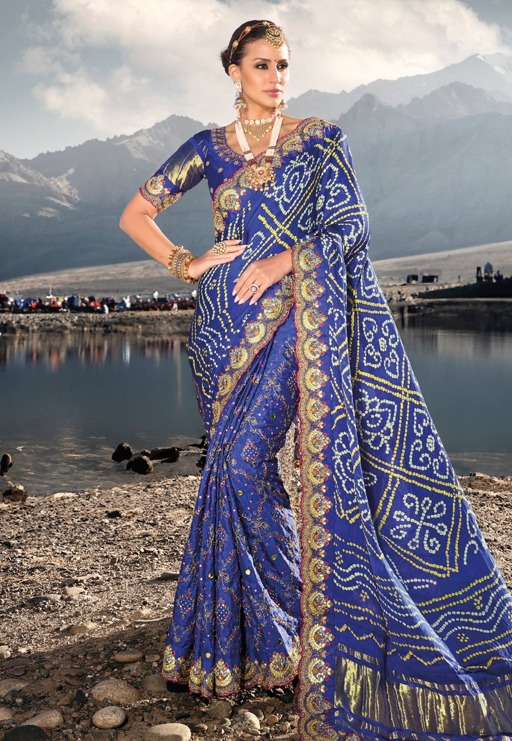 Navy Blue Satin Bandhani Print Saree 275698