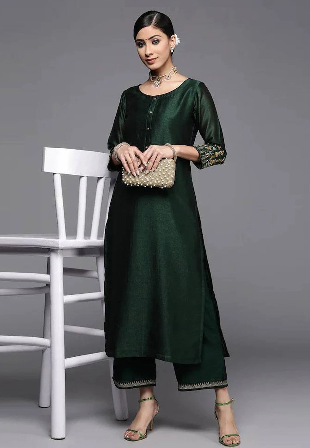 Green Dupion Silk Kurta Set With Palazzo 252918