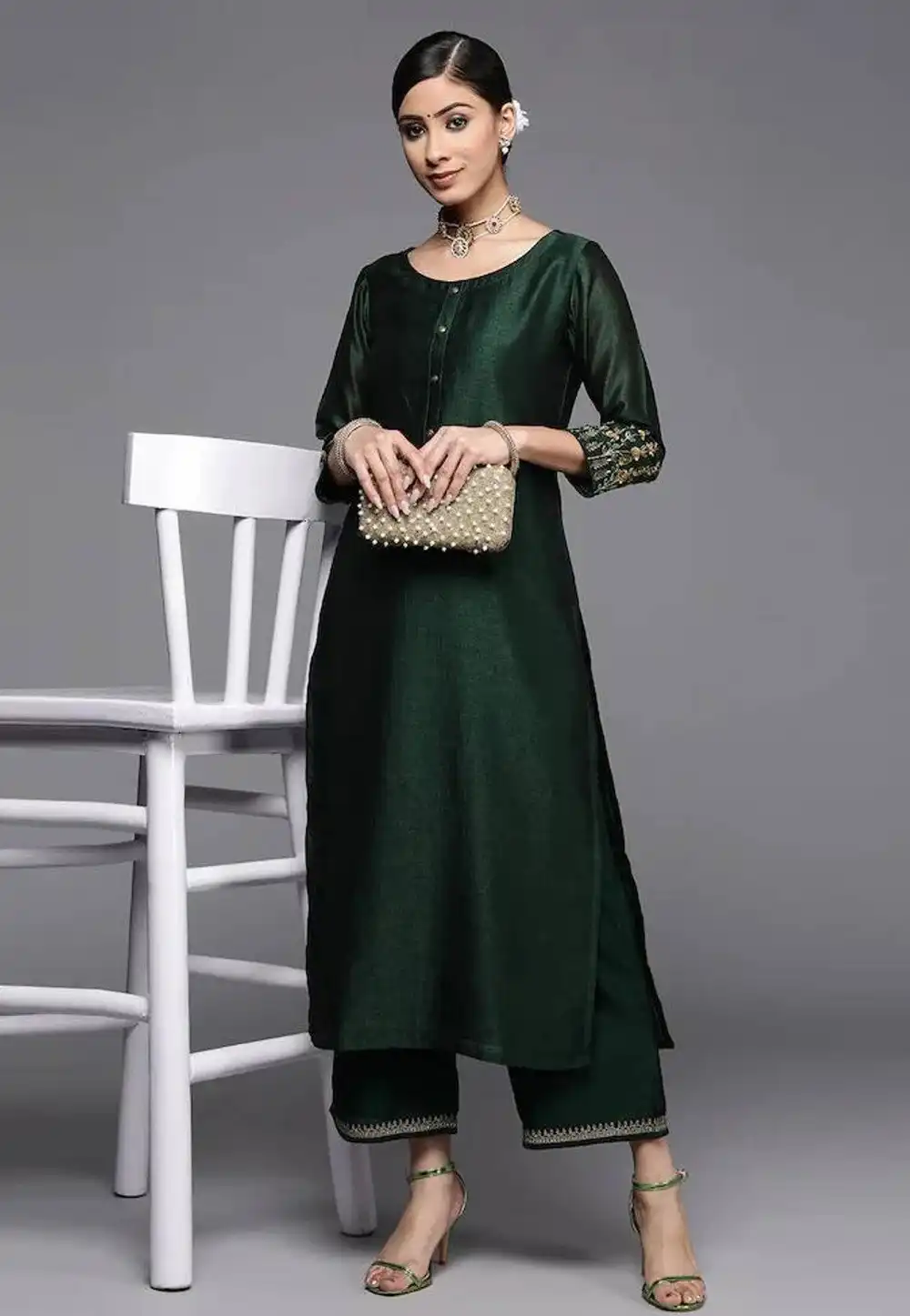 Green Dupion Silk Kurta Set With Palazzo 252918