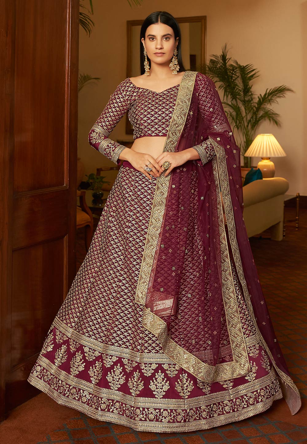 Wine Crepe Sequins Work Lehenga Choli 231481