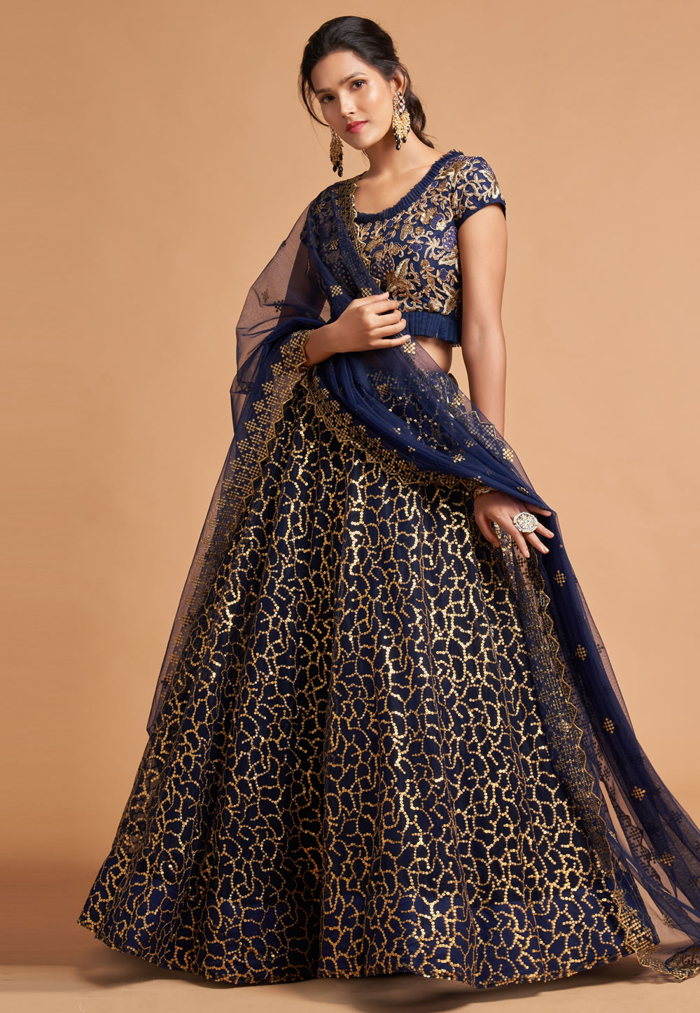 Navy Blue Soft Net Circular Lehenga Choli 244038