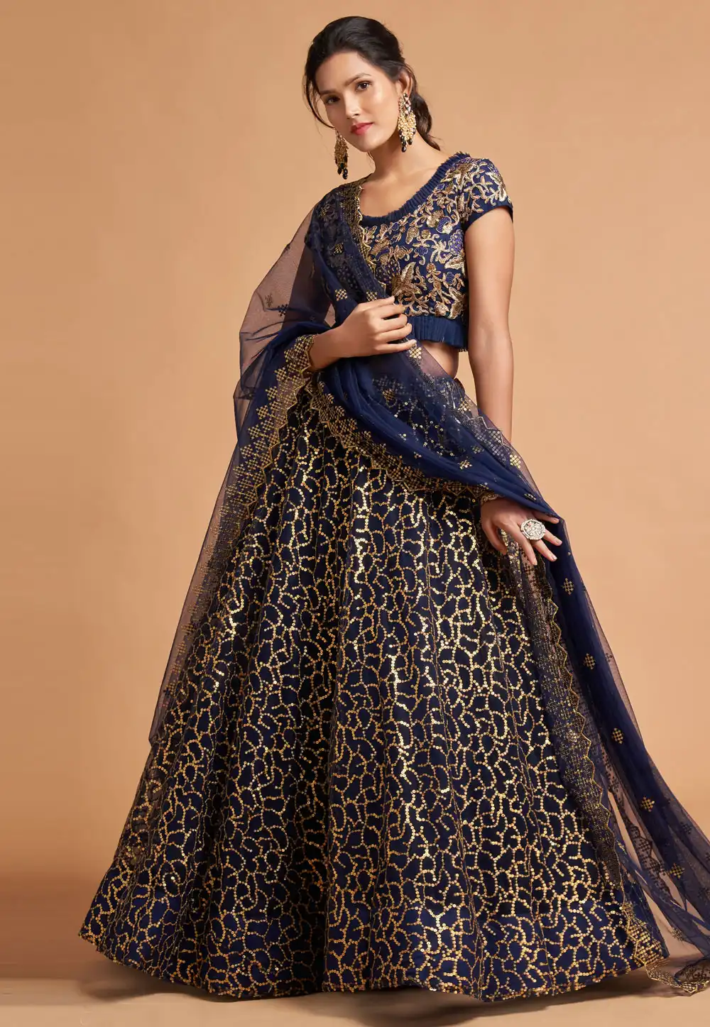 Navy Blue Soft Net Circular Lehenga Choli 244038