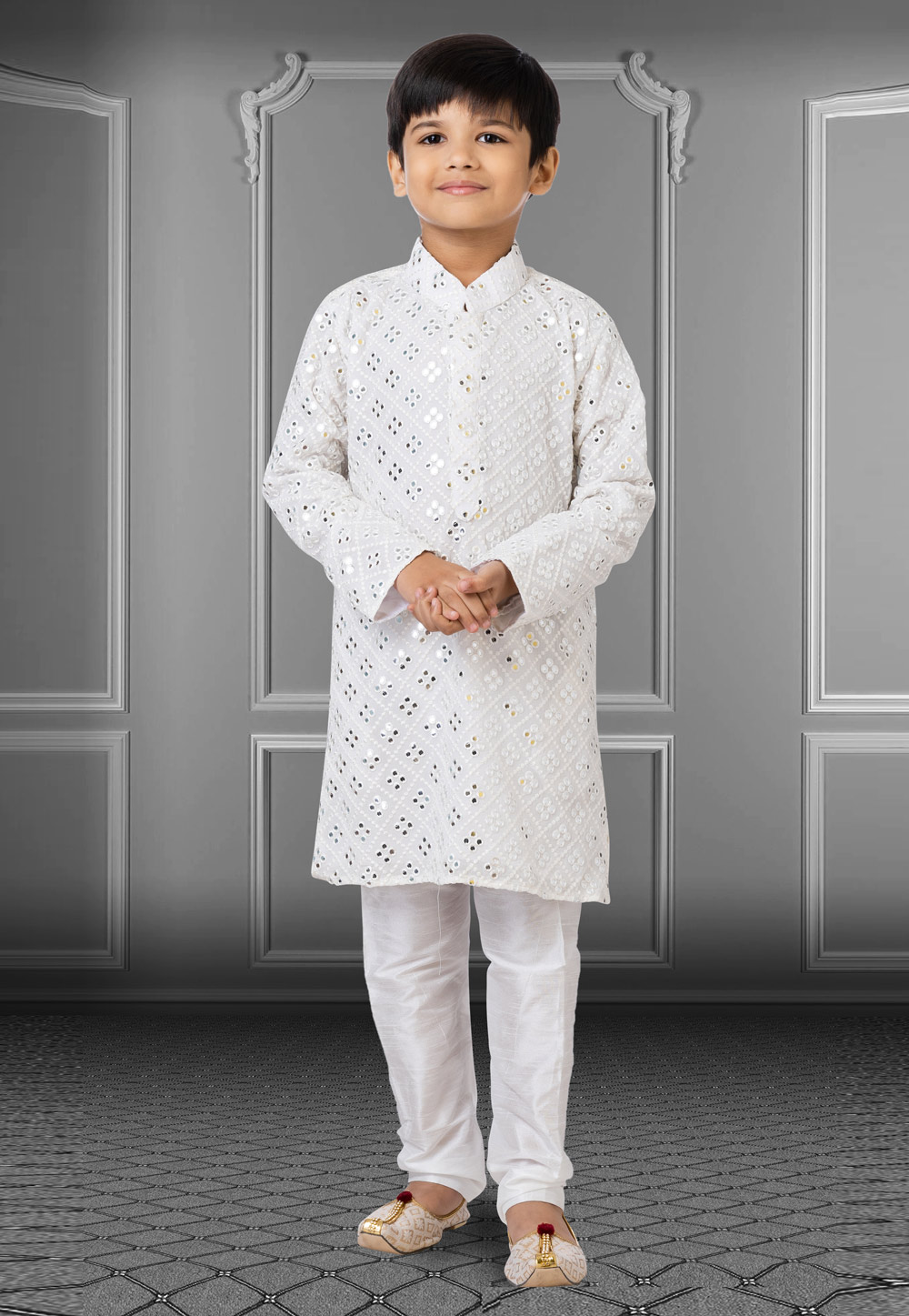 White Georgette Readymade Kids Kurta Pajama 250722