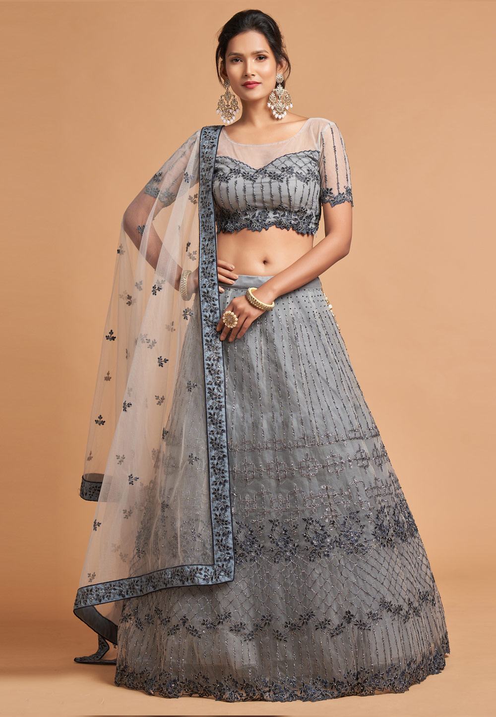Grey Soft Net Circular Lehenga Choli 244039