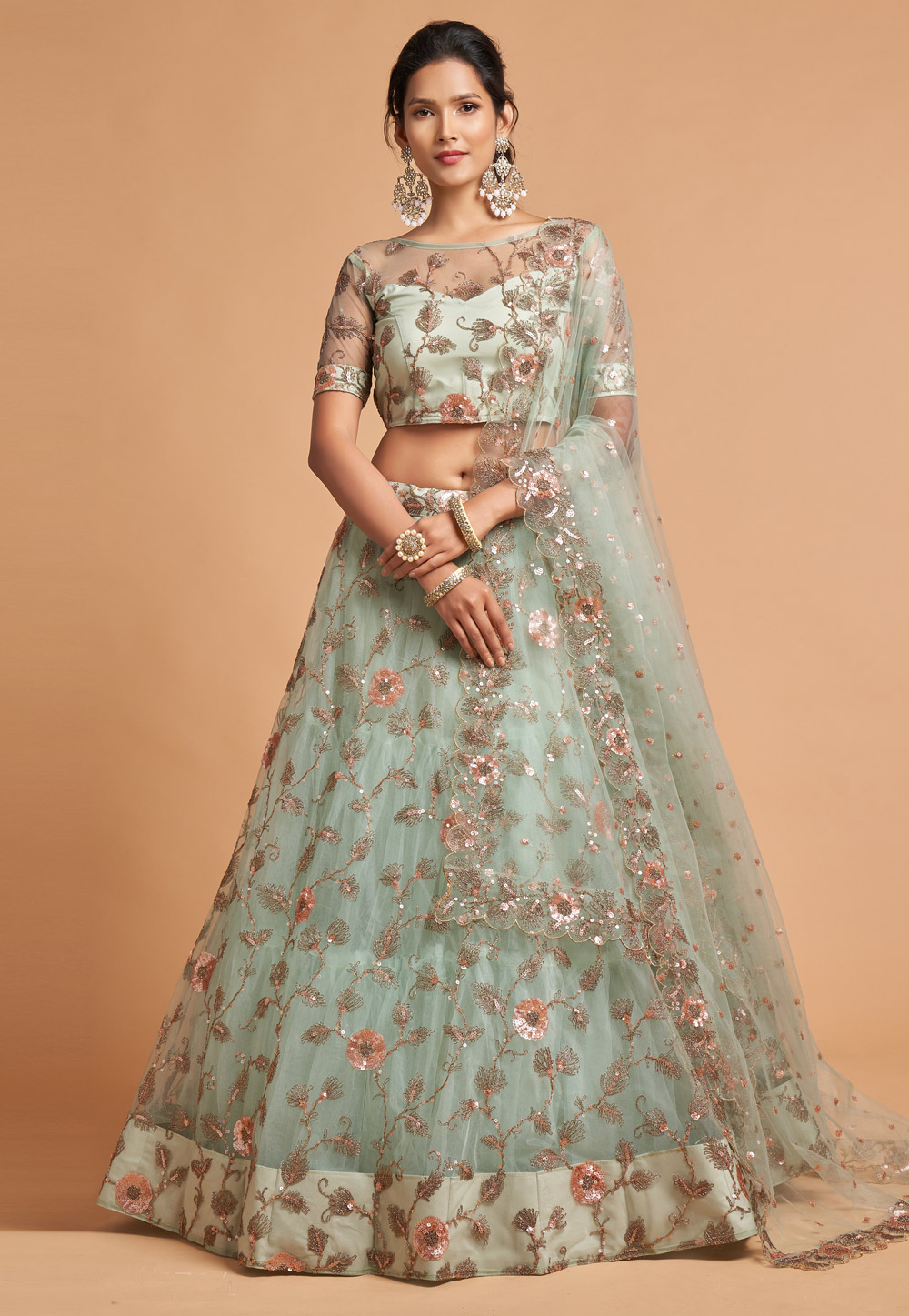 Pista Green Soft Net Circular Lehenga Choli 244041