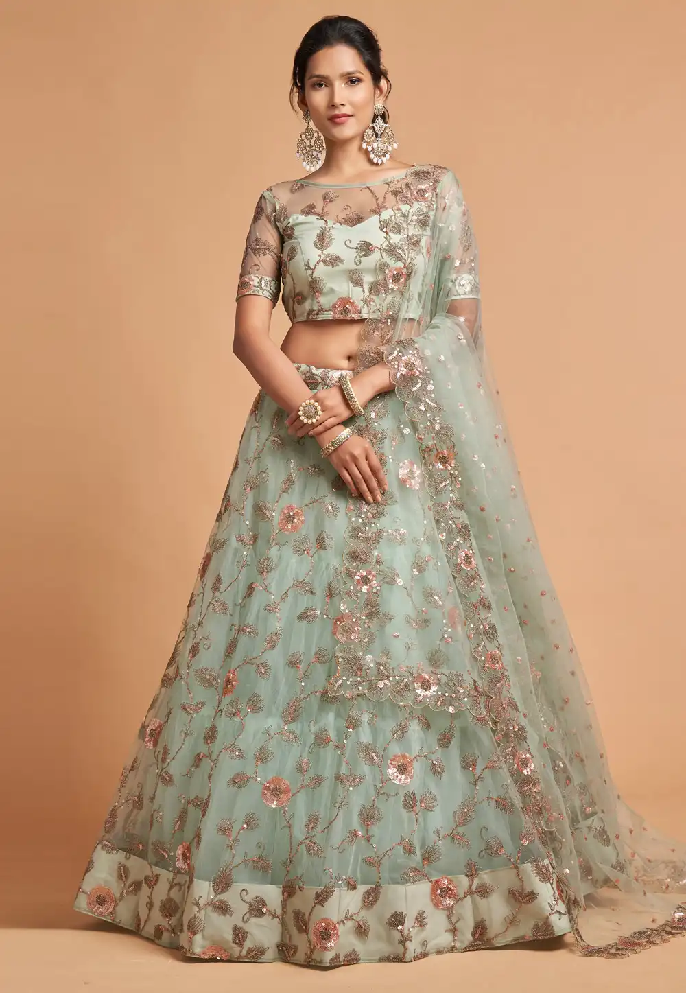 Pista Green Soft Net Circular Lehenga Choli 244041