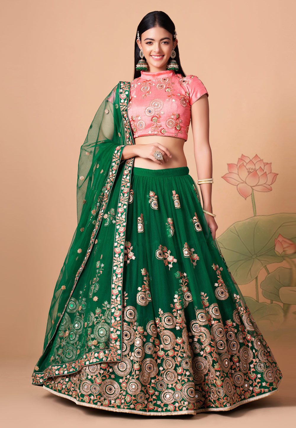 Green Soft Net Circular Lehenga Choli 259150