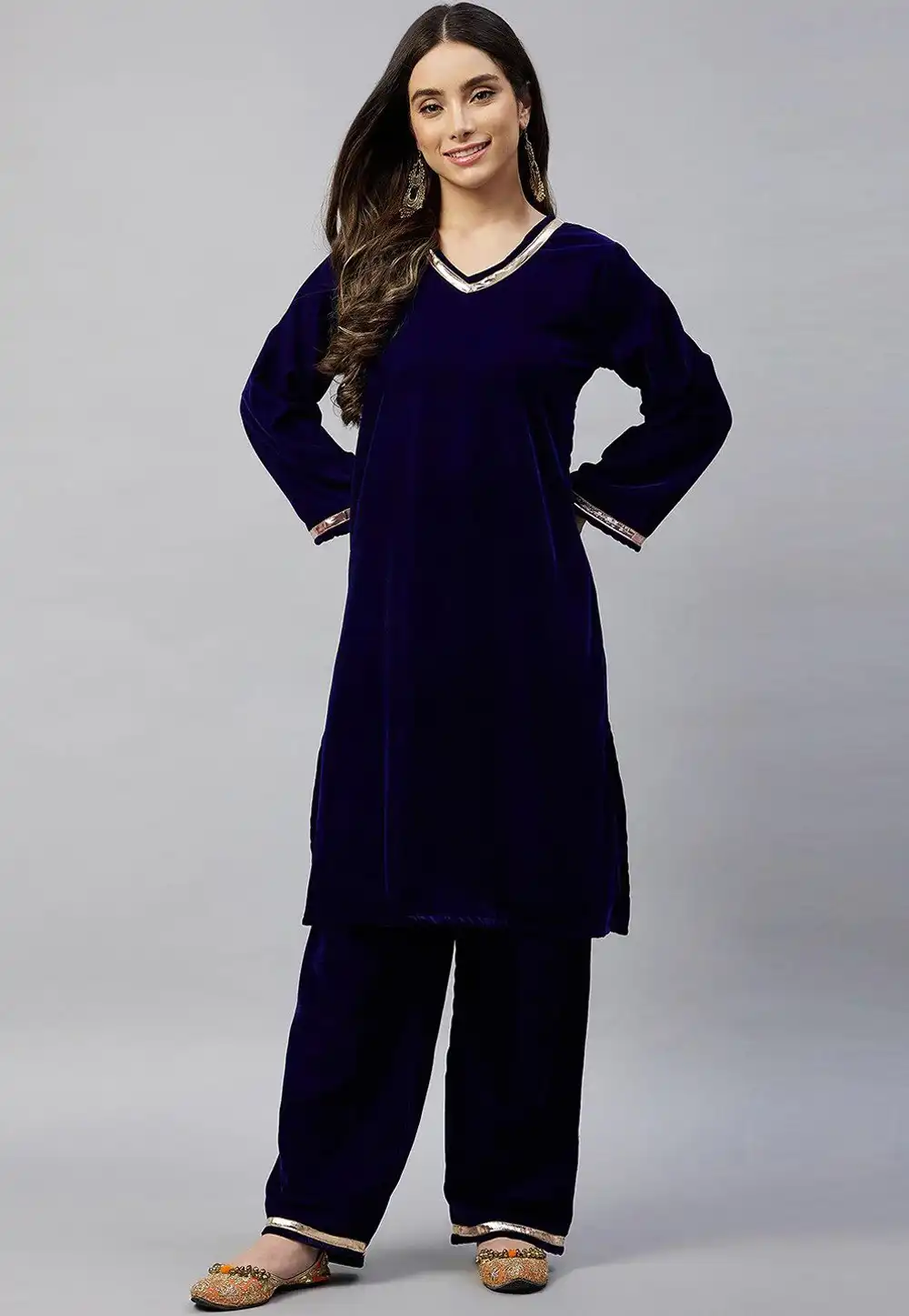 Navy Blue Velvet Kurta Set With Palazzo 254235