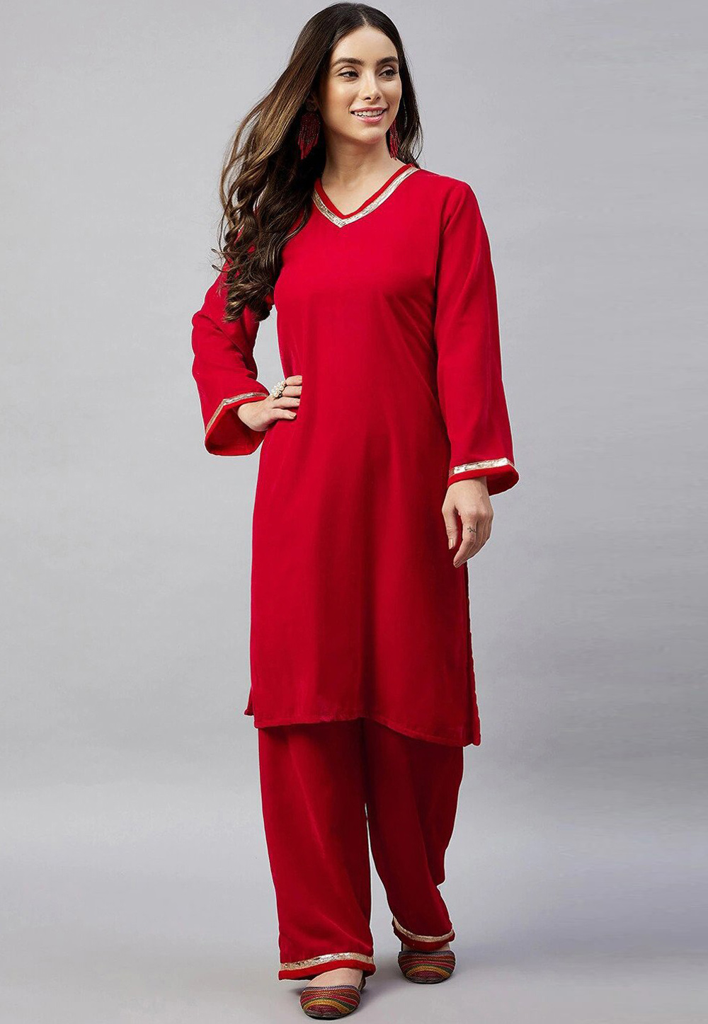 Red Velvet Kurta Set With Palazzo 254236