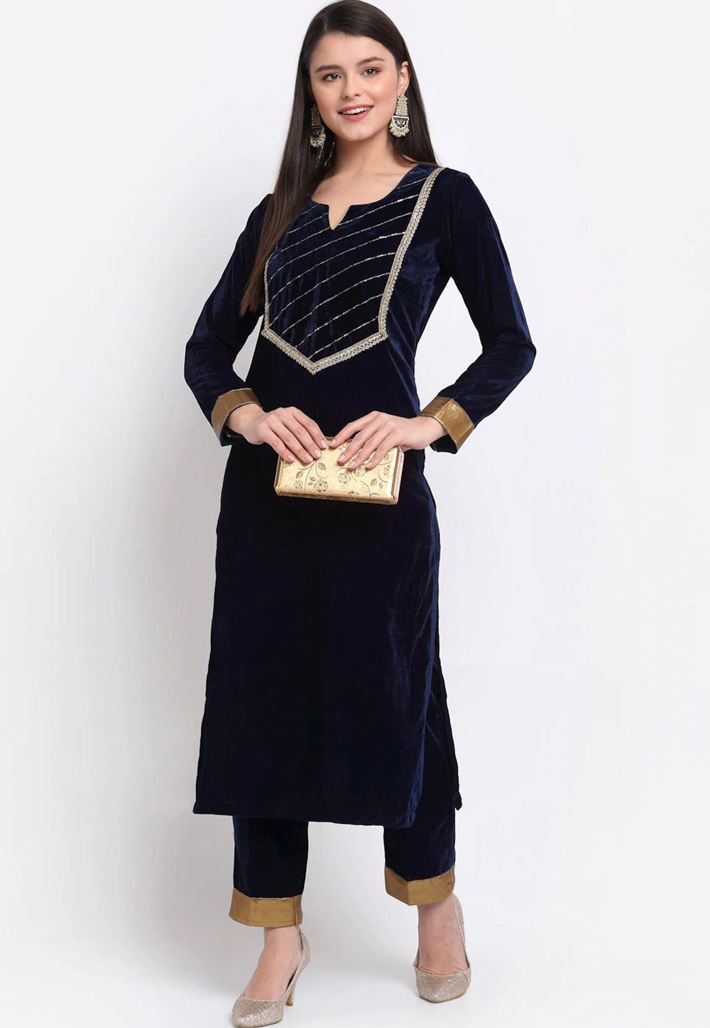 Navy Blue Velvet Kurta Set With Pant 254237