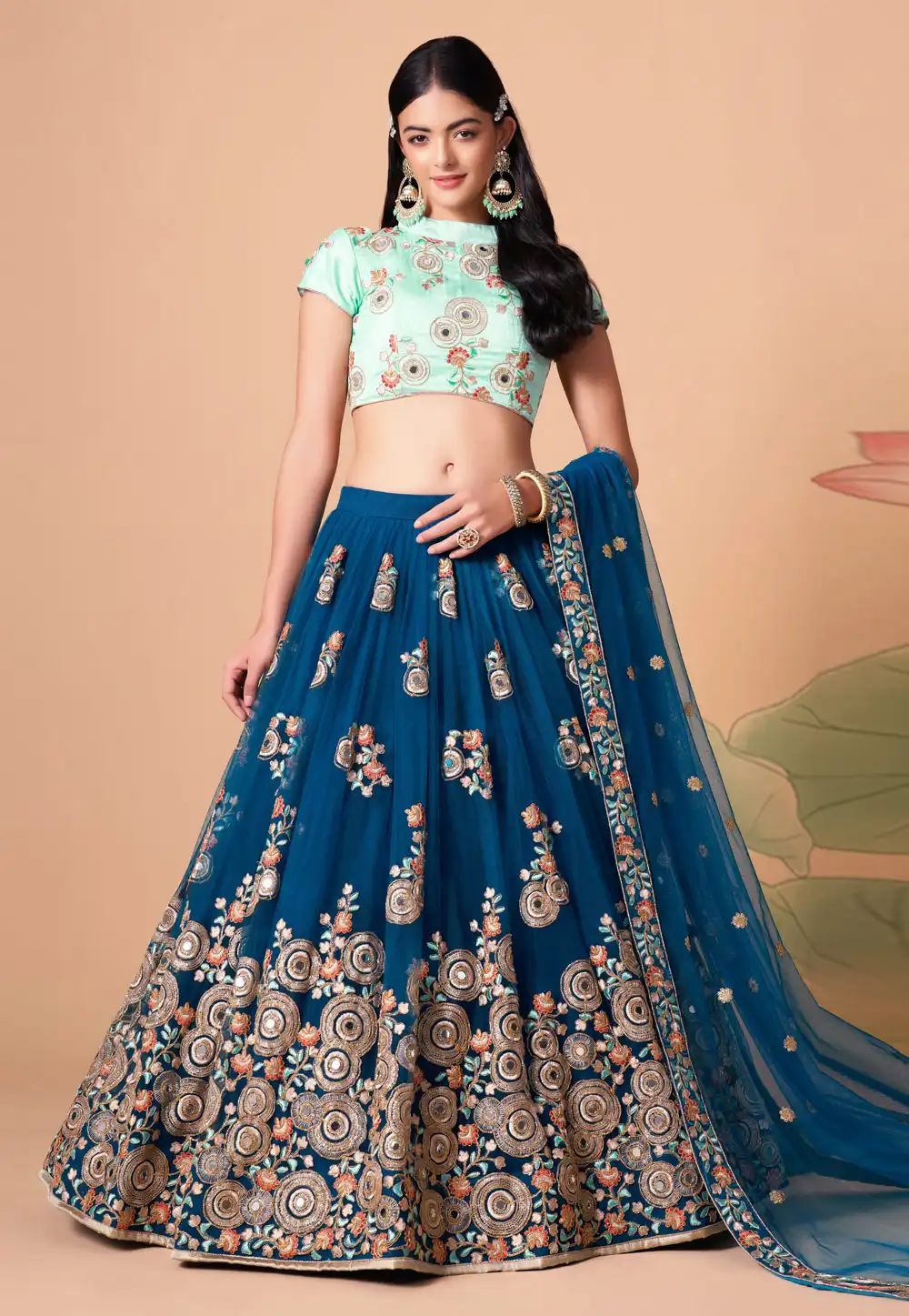 Blue Soft Net Circular Lehenga Choli 259153