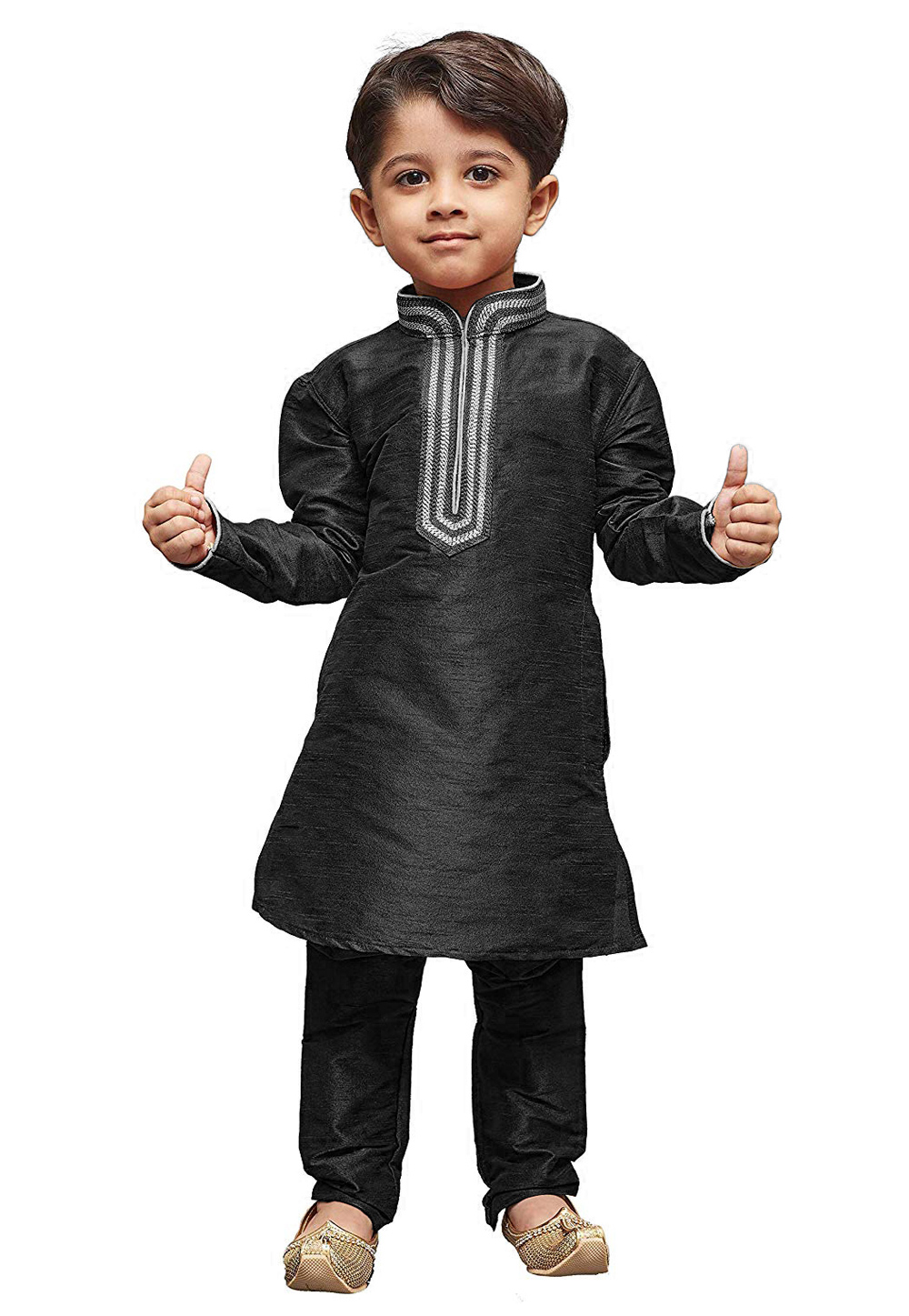 Black Dupion Silk Kids Kurta Pajama 216239