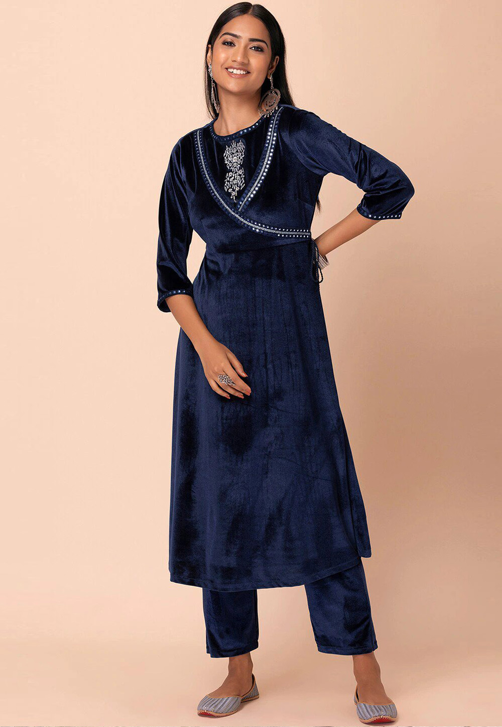 Navy Blue Velvet Kurta Set With Pant 254239