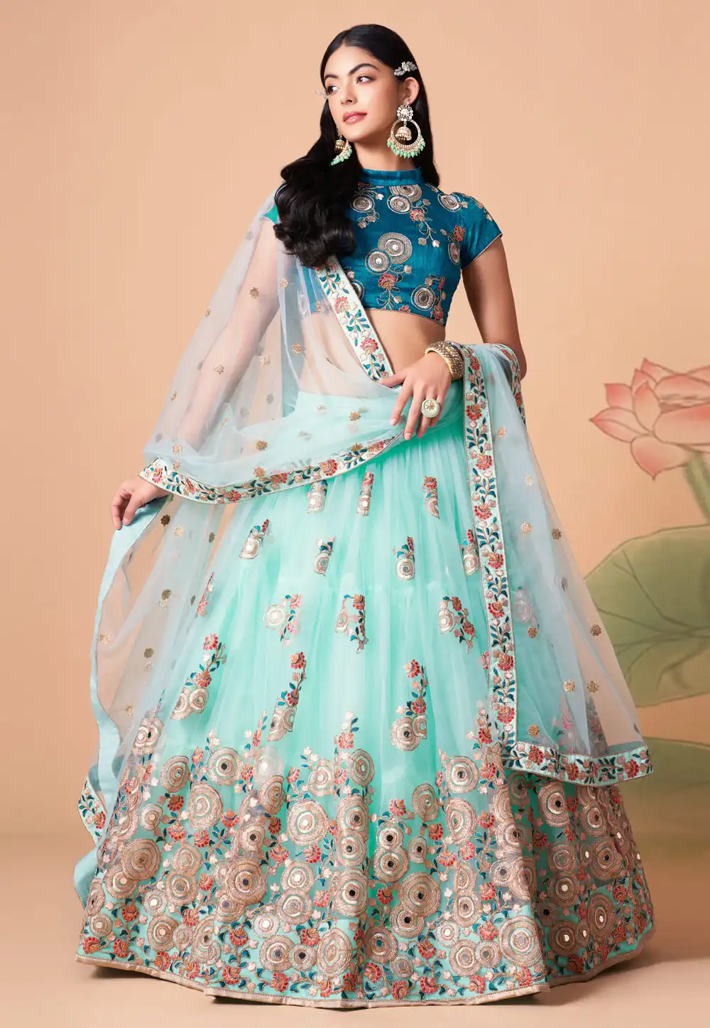 Sky Blue Soft Net Circular Lehenga Choli 259154