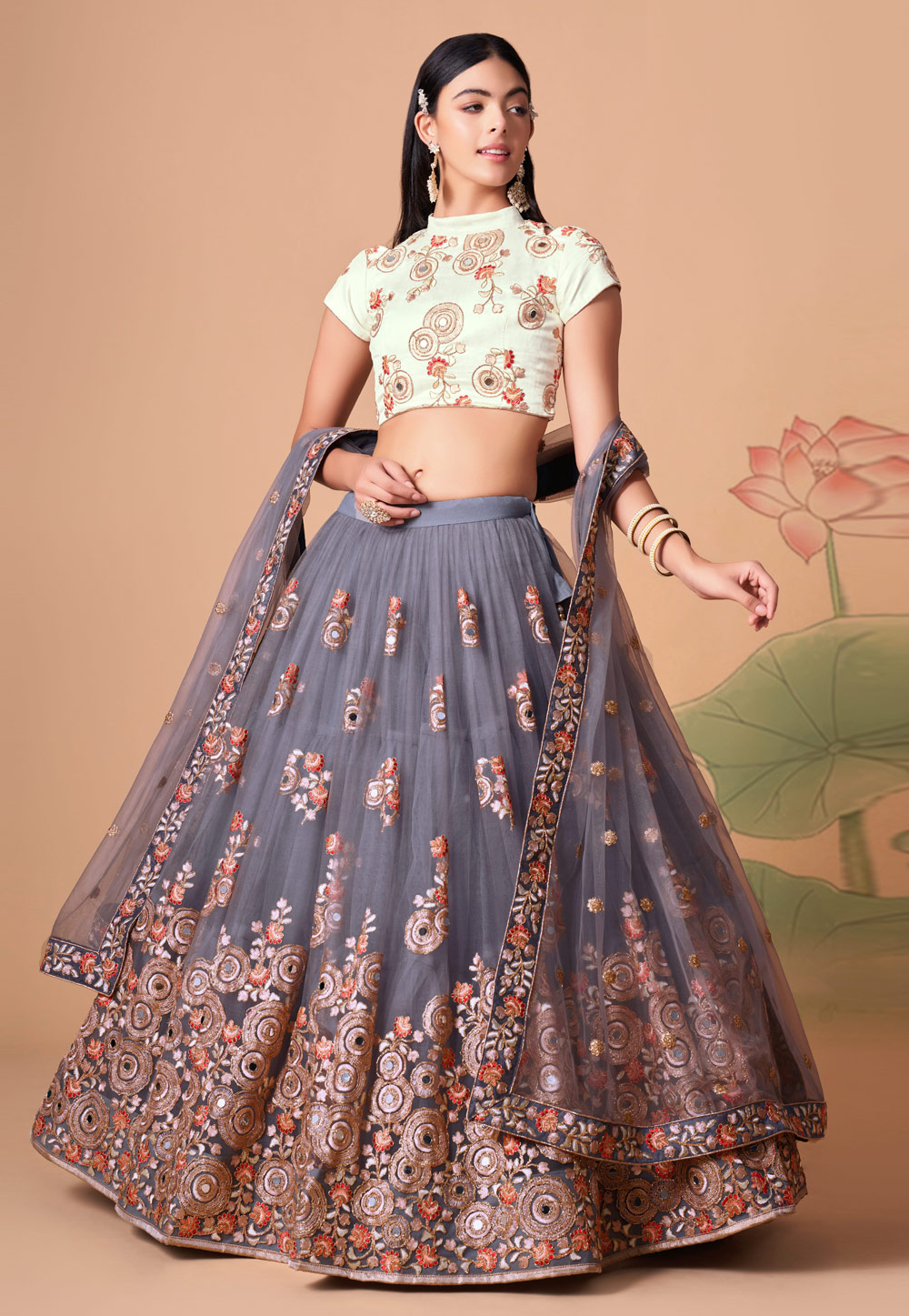 Grey Soft Net Circular Lehenga Choli 259155