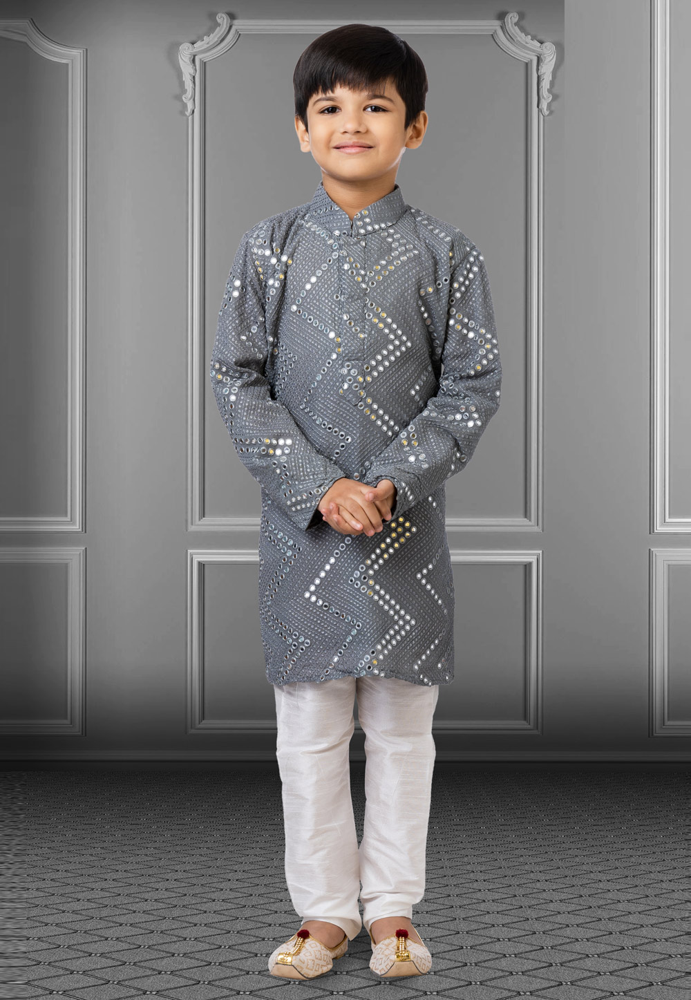 Grey Georgette Readymade Kids Kurta Pajama 250723