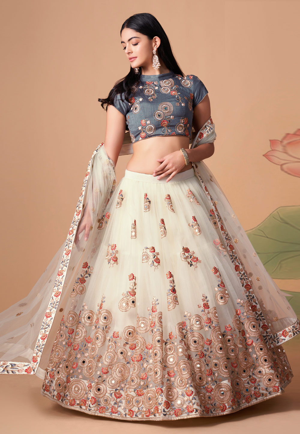 Off White Soft Net Circular Lehenga Choli 259156