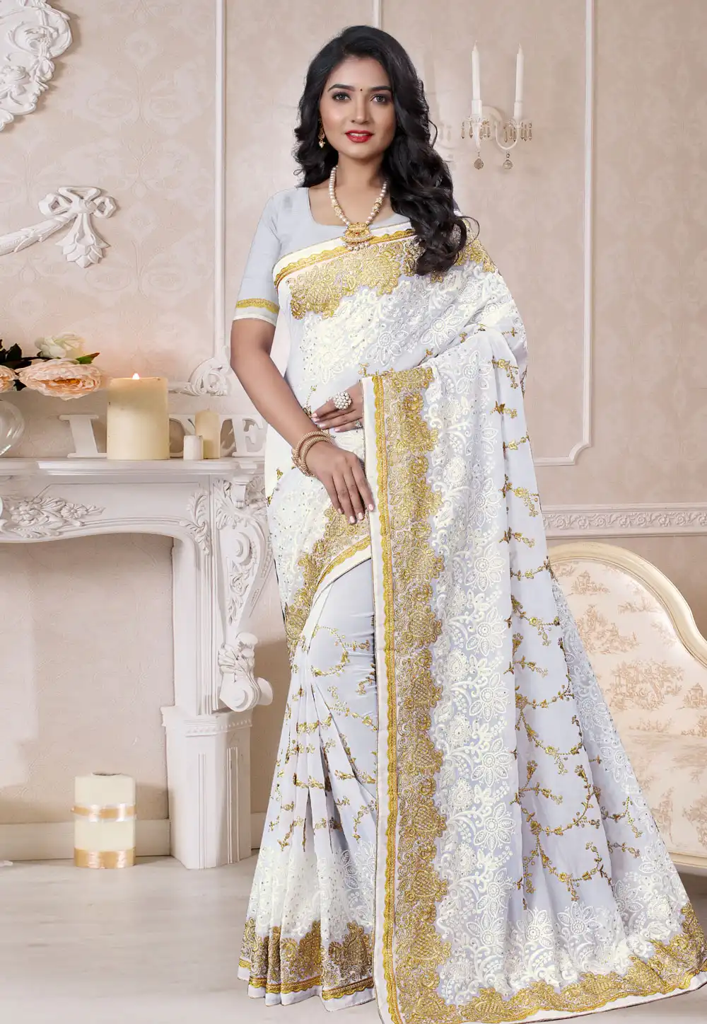 White Georgette Saree With Blouse 212278