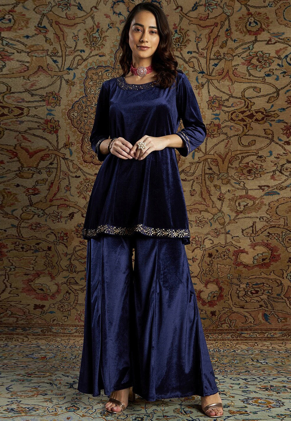 Navy Blue Velvet Kurta Set With Palazzo 254242