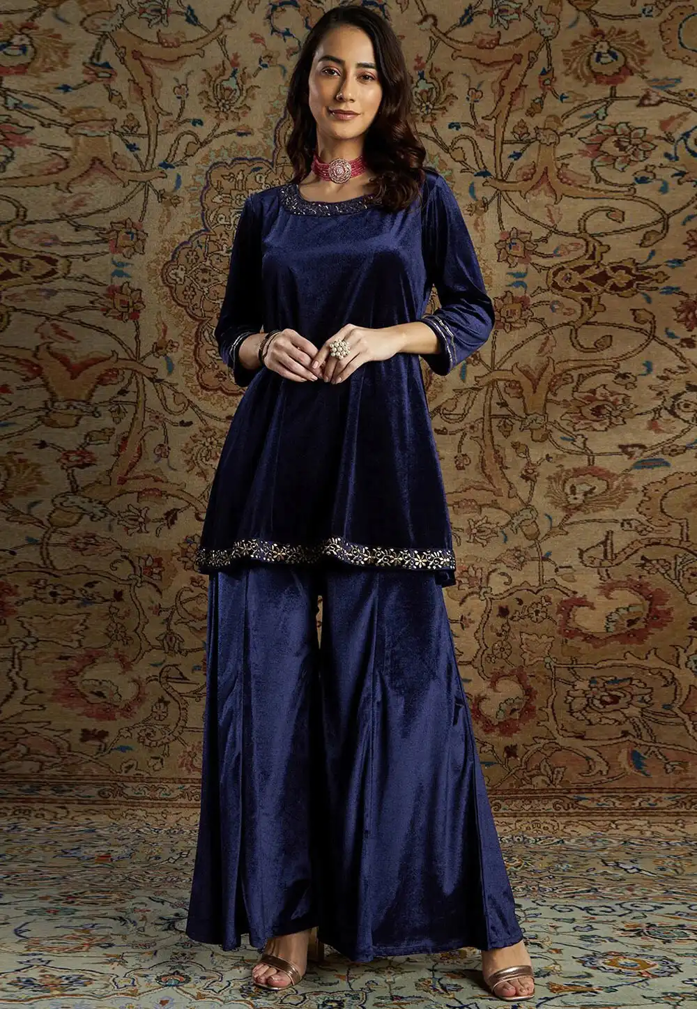 Navy Blue Velvet Kurta Set With Palazzo 254242