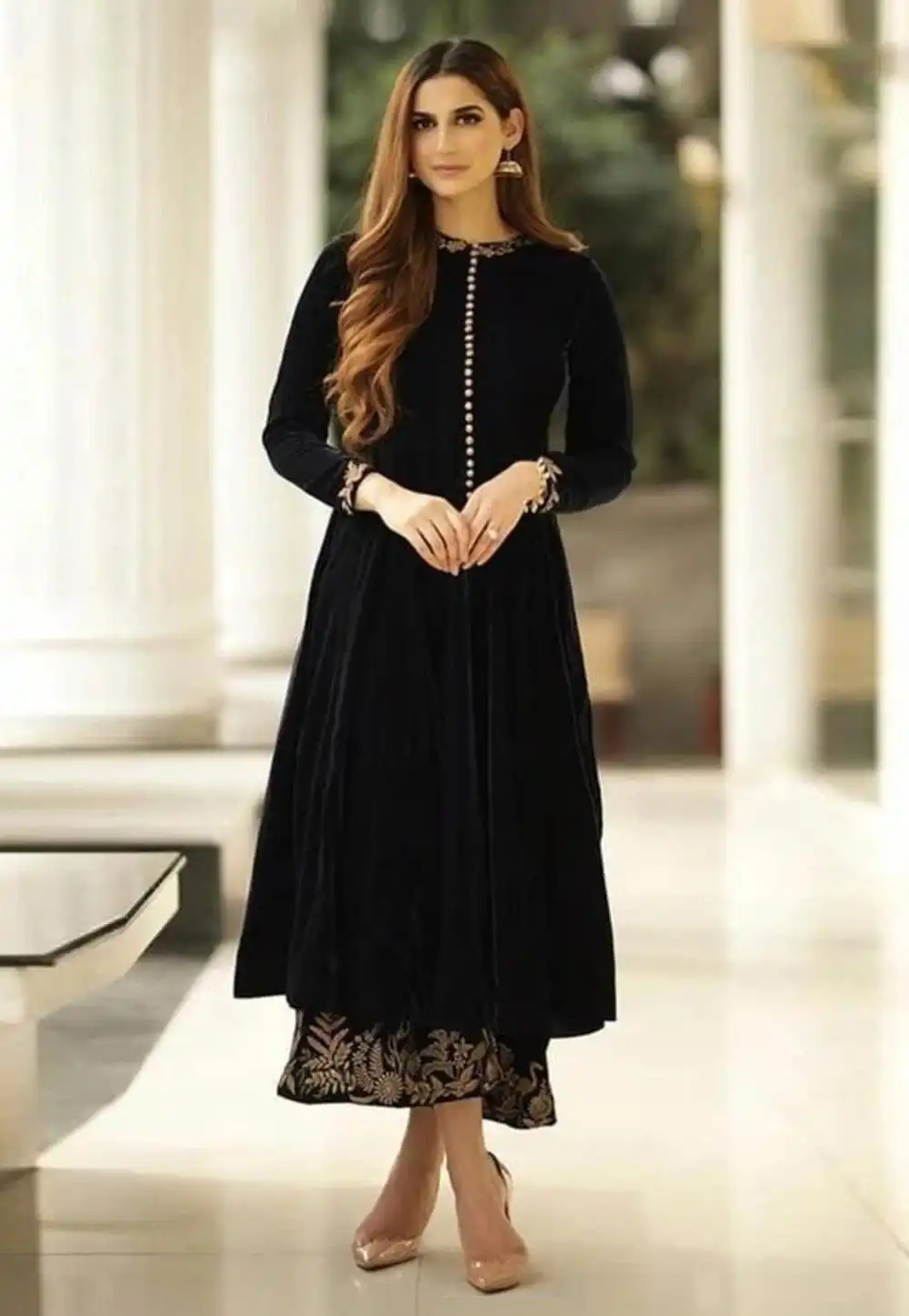 Navy Blue Velvet Kurta Set With Palazzo 254243