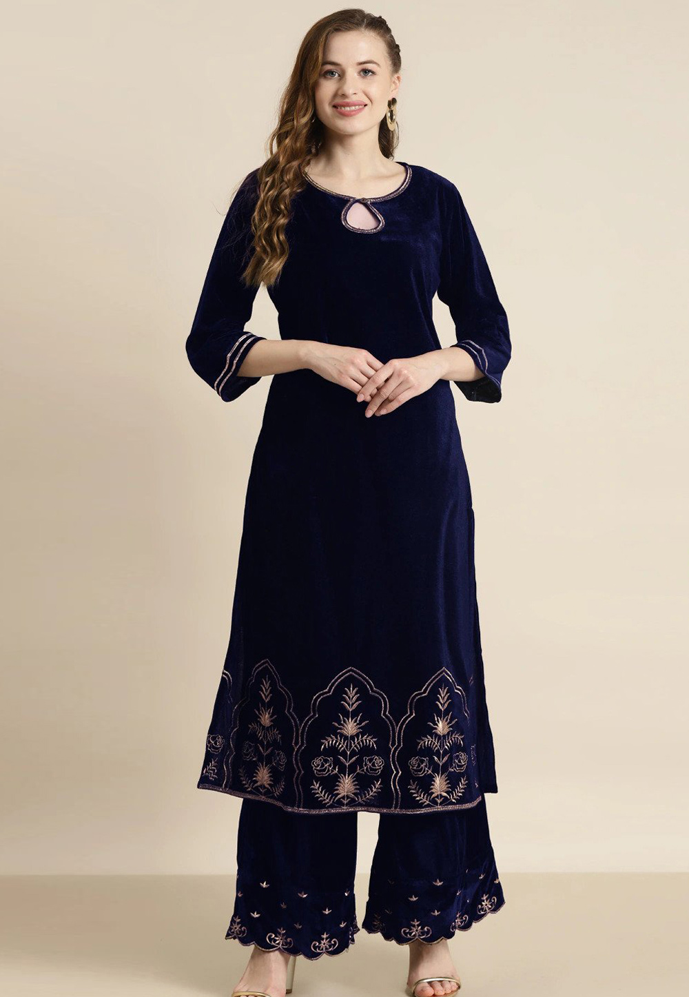 Navy Blue Velvet Kurta Set With Palazzo 254244