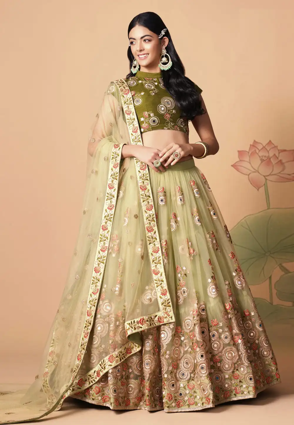 Pista Green Soft Net Circular Lehenga Choli 259160