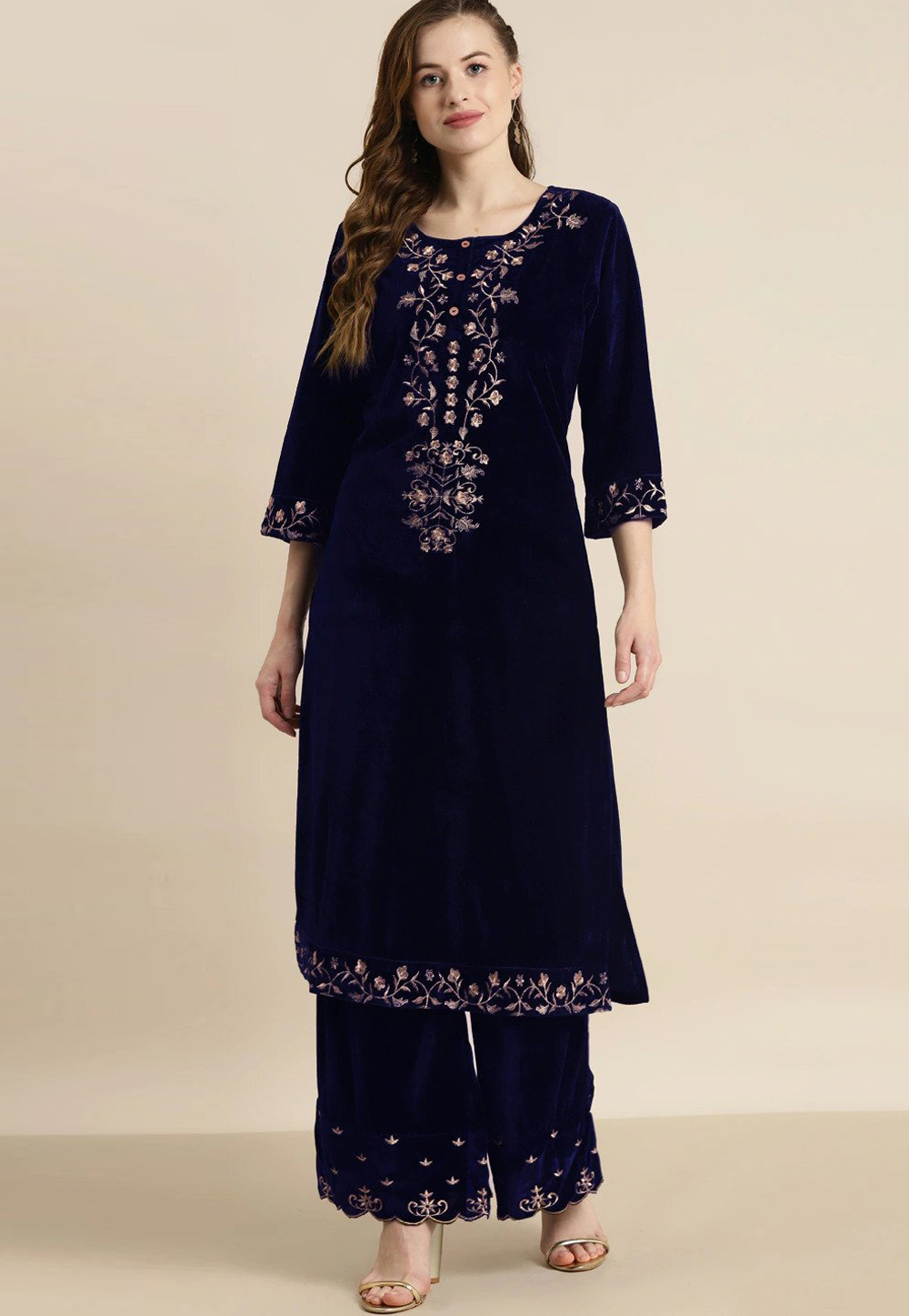 Navy Blue Velvet Kurta Set With Palazzo 254245