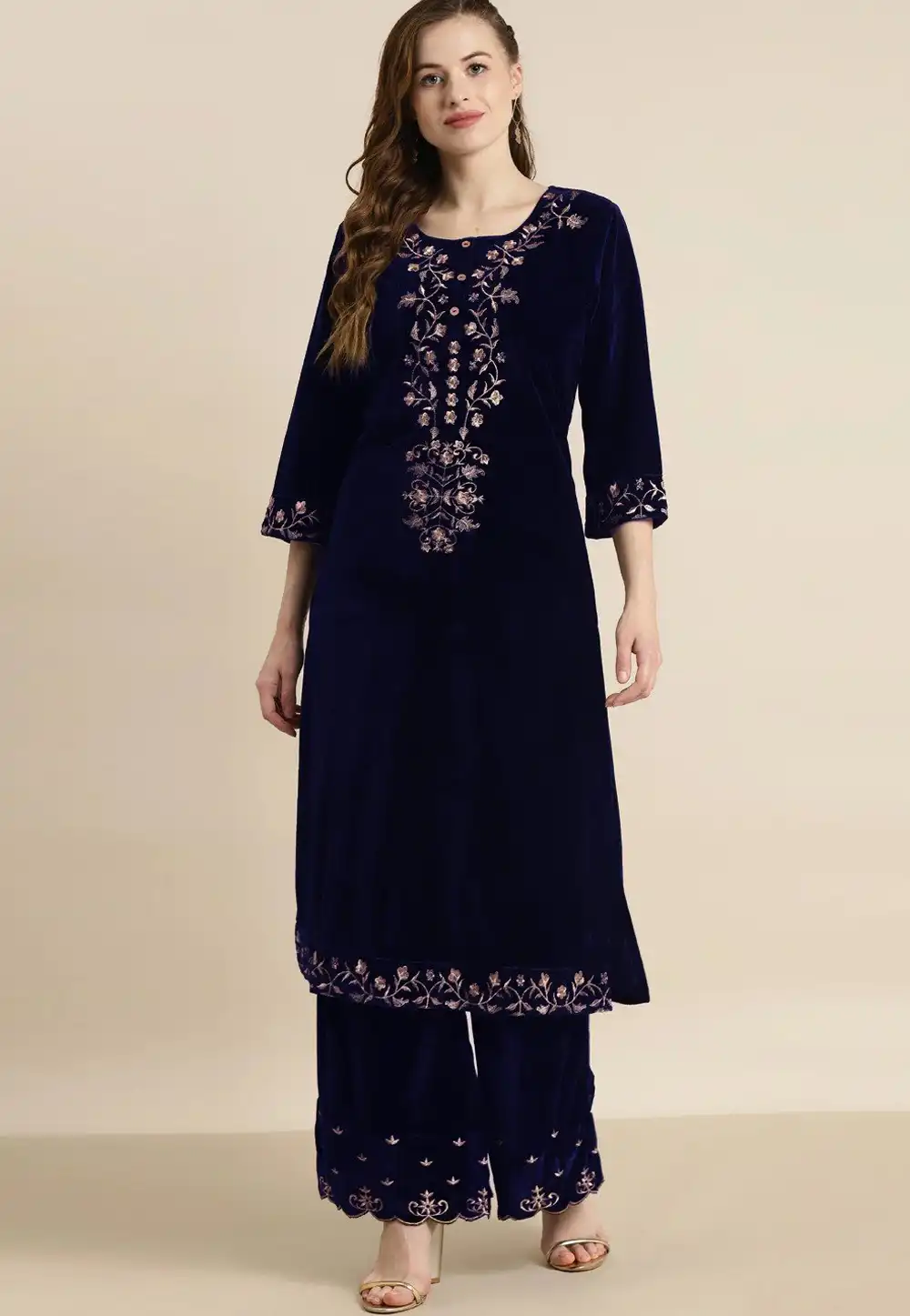 Navy Blue Velvet Kurta Set With Palazzo 254245
