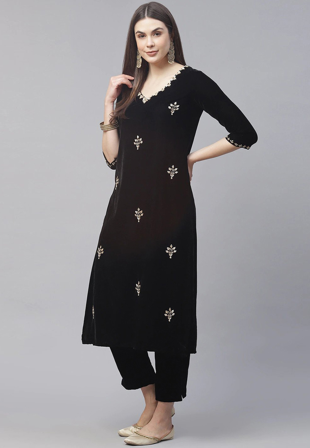 Black Velvet Kurta Set With Pant 254246