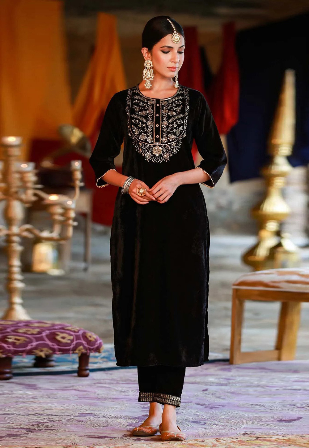 Green Velvet Kurta Set With Pant 254248