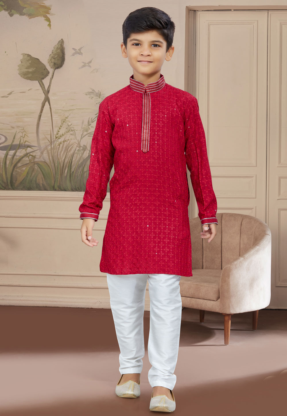Magenta Rayon Readymade Kids Kurta Pajama 267589