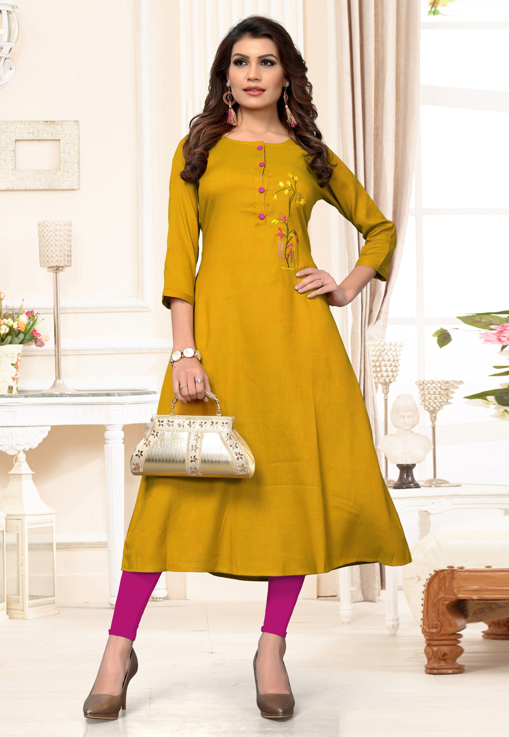 Mustard Rayon Readymade Kurti 183462